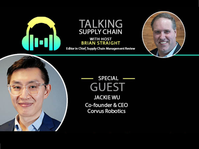 A promotional graphic for the Talking Supply Chain Podcast with Brian Straight, and guest, Jackie Wu, CEO and Co-founder of Corvus Robotics.